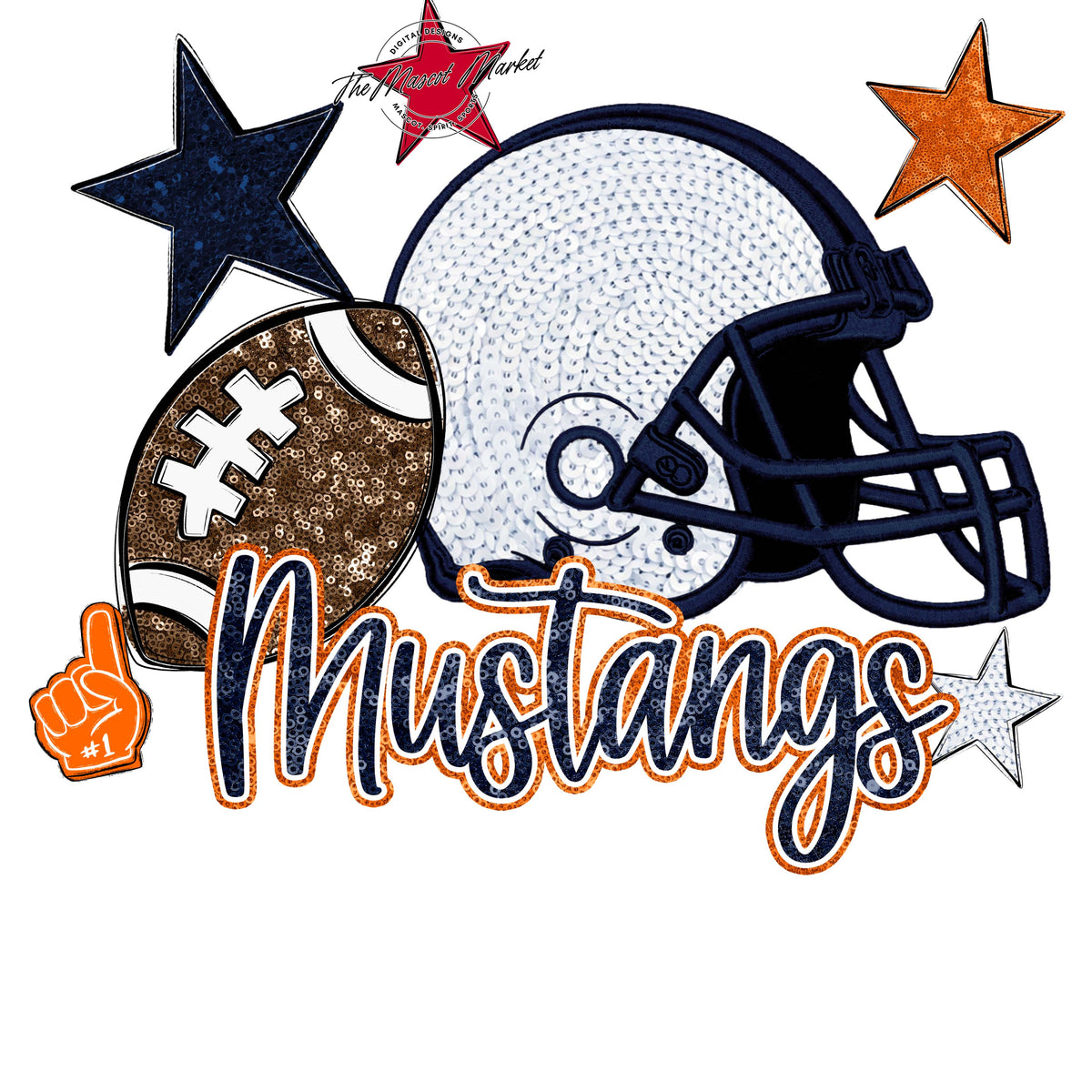 Mustangs Football Embroidered Sequins Design-Navy & Orange