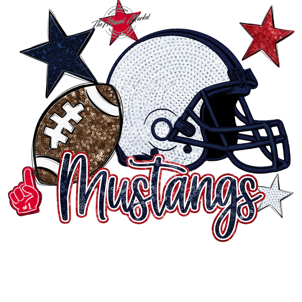 Mustangs Football Embroidered Sequins Design-Navy & Red