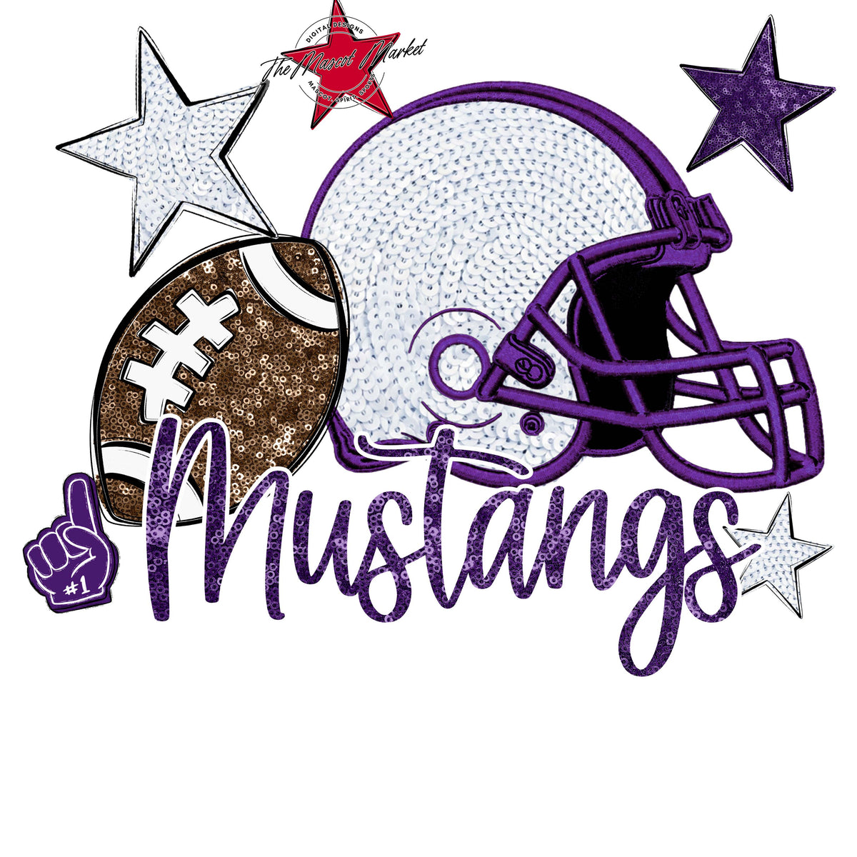 Mustangs Football Embroidered Sequins Design-Purple
