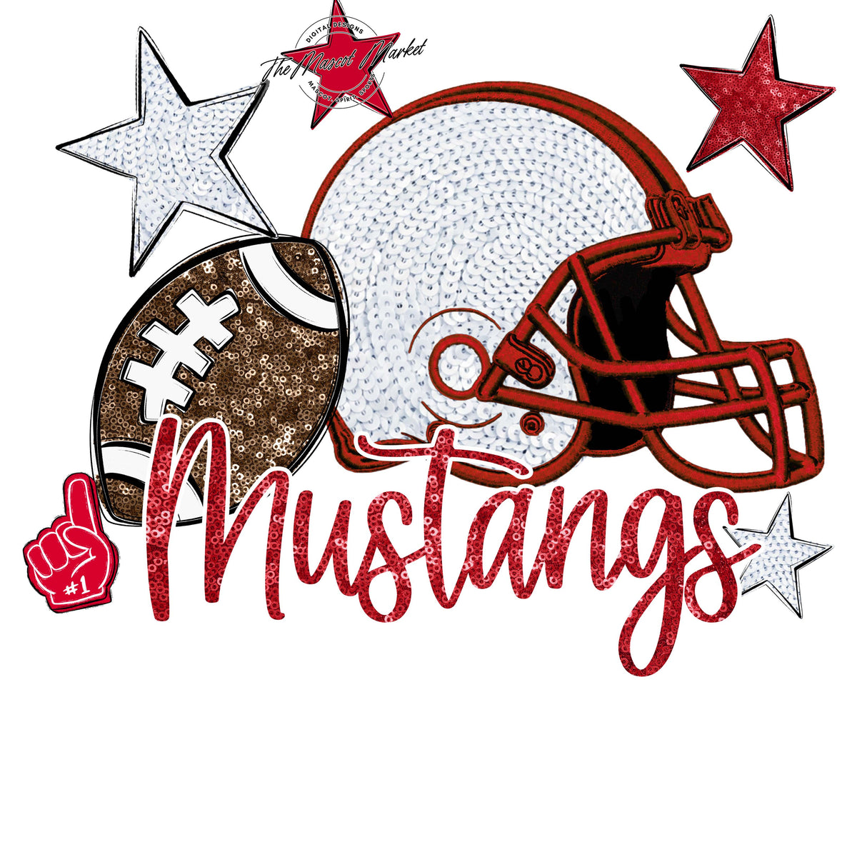 Mustangs Football Embroidered Sequins Design-Red