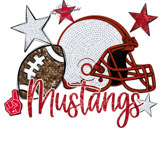 Mustangs Football Embroidered Sequins Design-Red