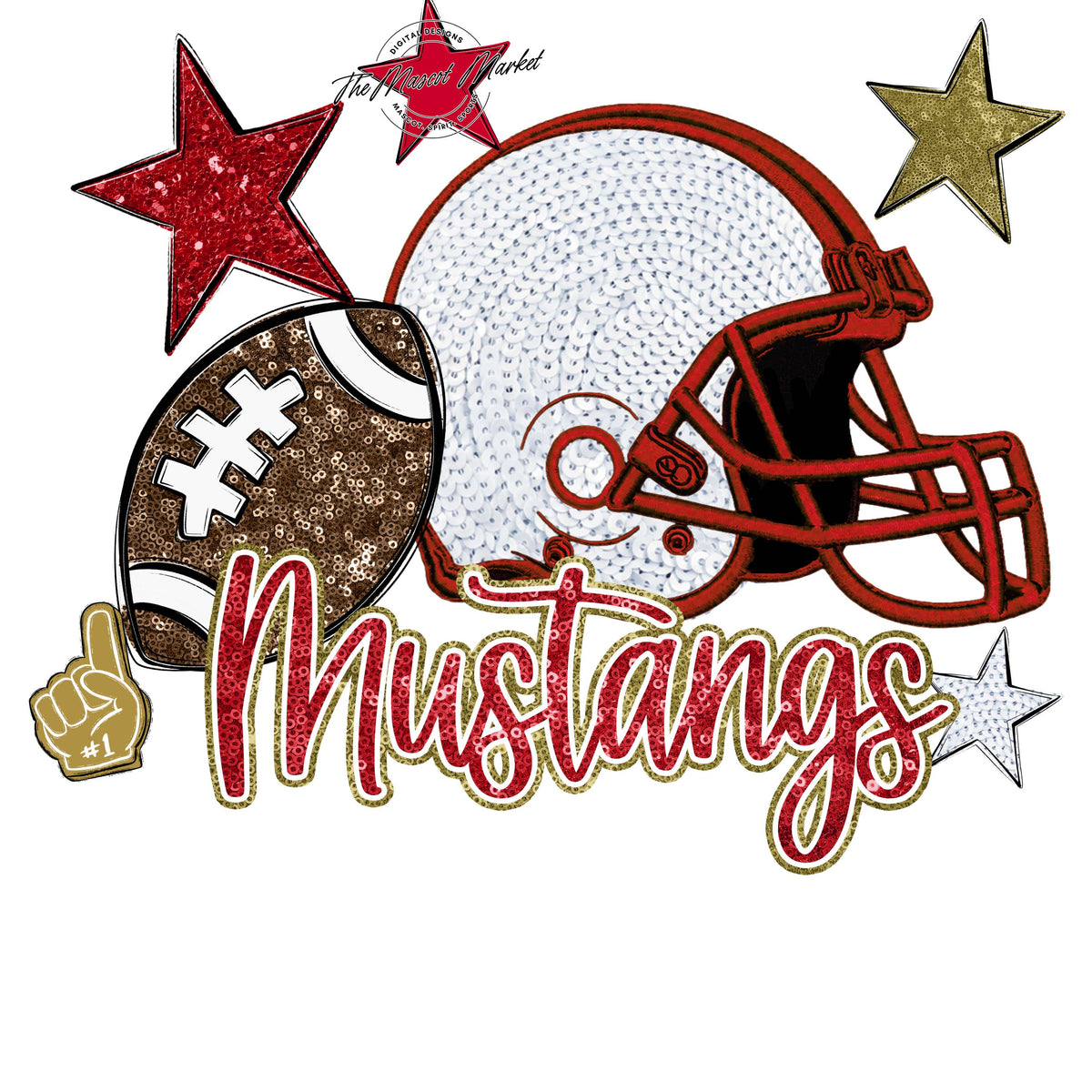 Mustangs Football Embroidered Sequins Design-Red & Gold