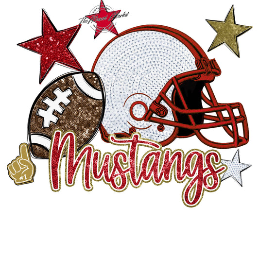 Mustangs Football Embroidered Sequins Design-Red & Gold