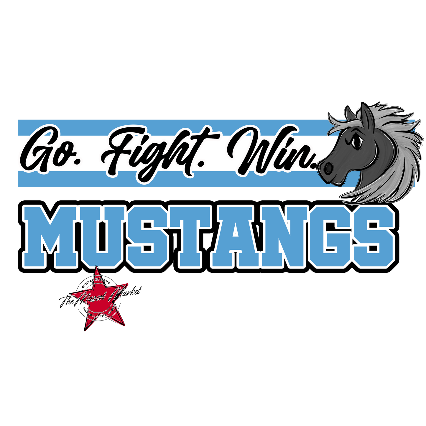 Mustangs Go Fight Win Mascot Lines-Carolina Blue