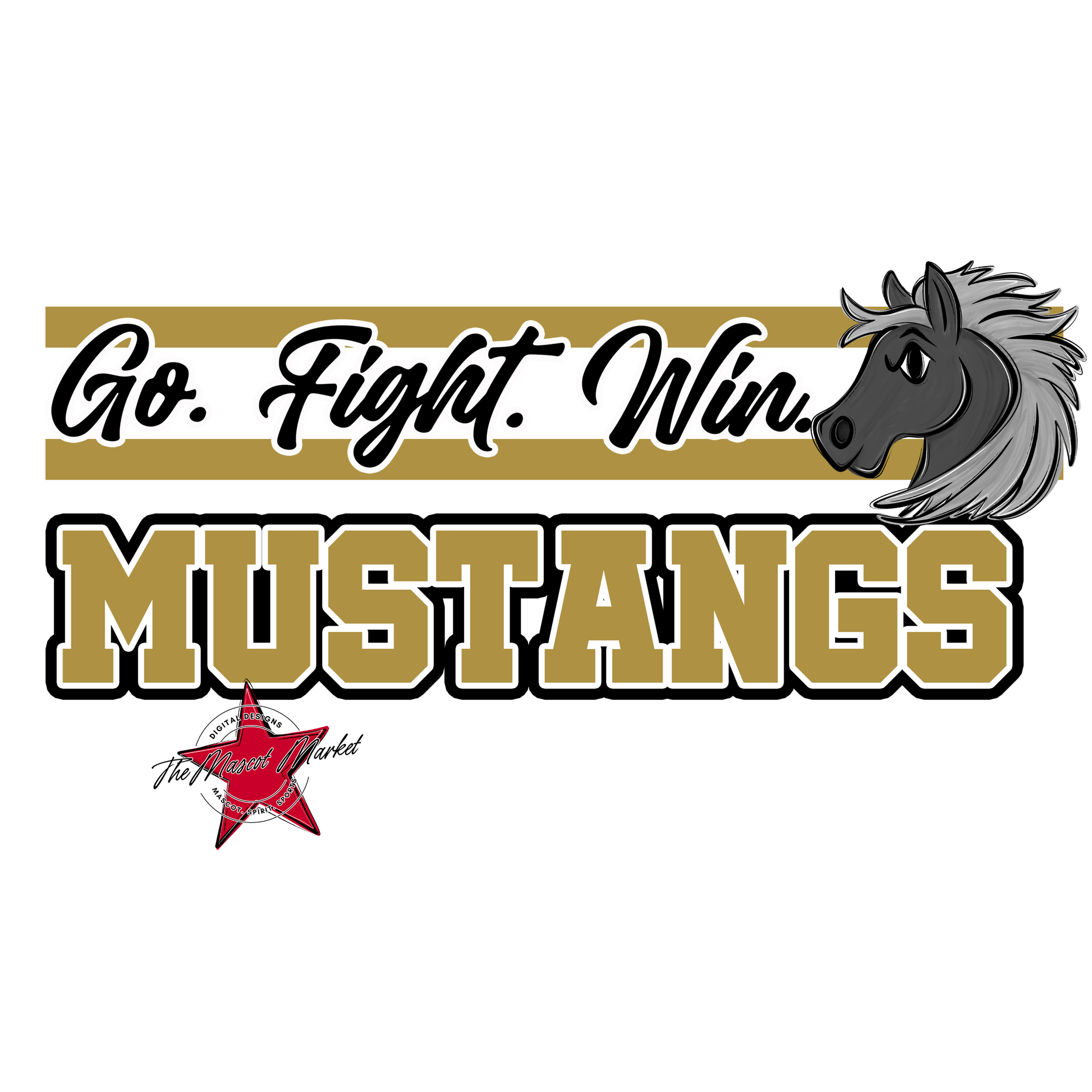 Mustangs Go Fight Win Mascot Lines-Gold