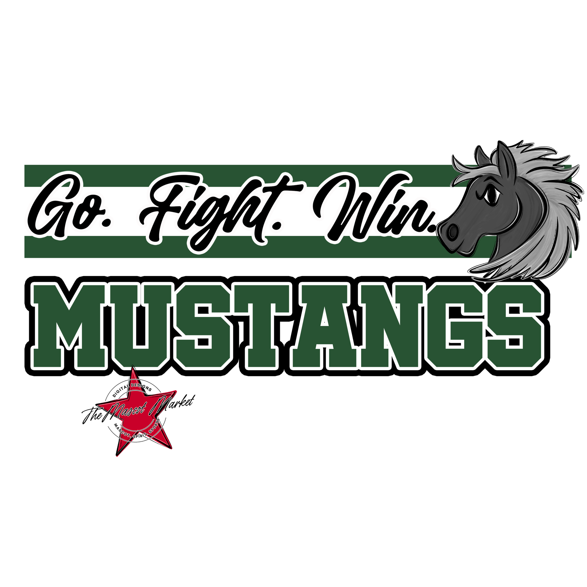 Mustangs Go Fight Win Mascot Lines-Green
