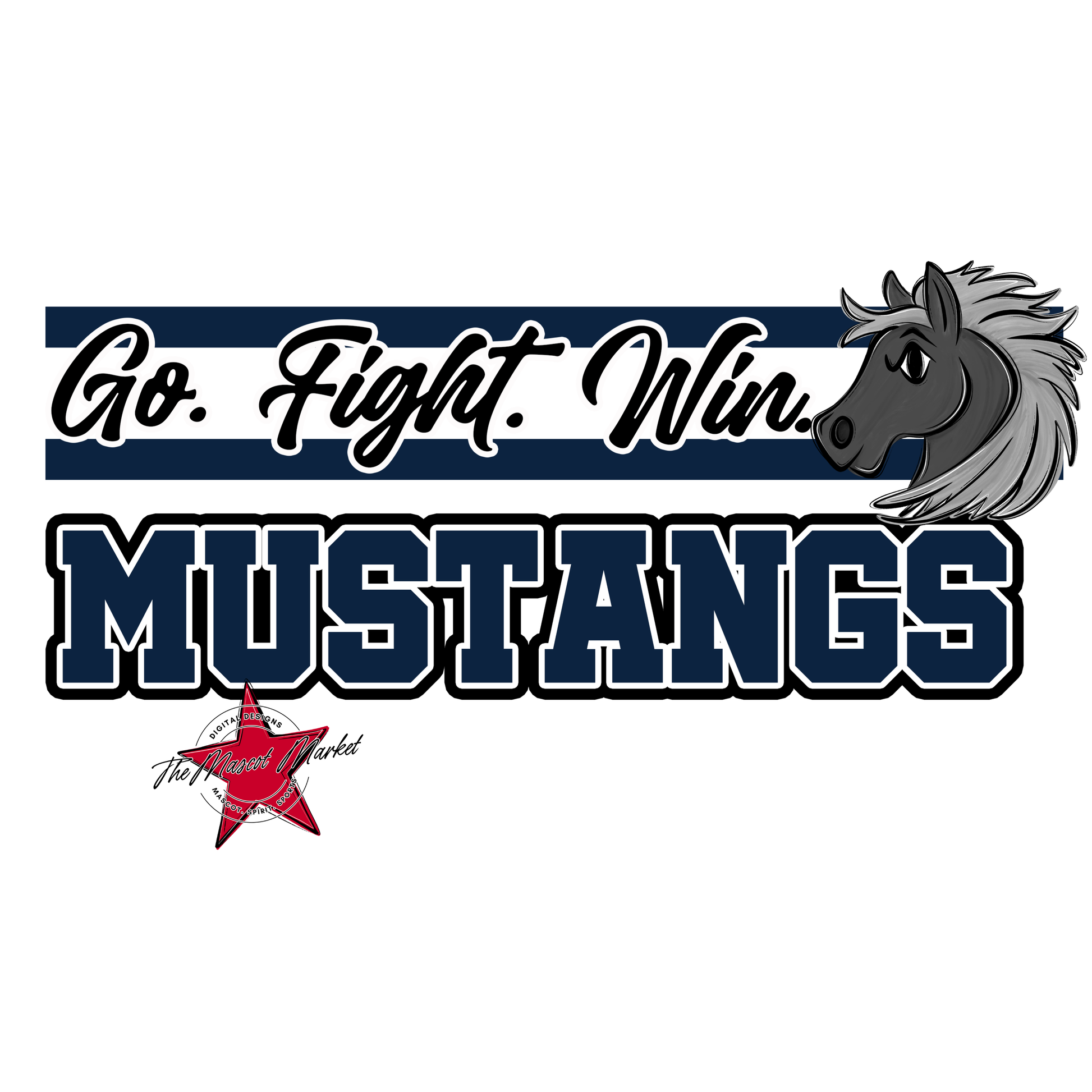 Mustangs Go Fight Win Mascot Lines-Navy