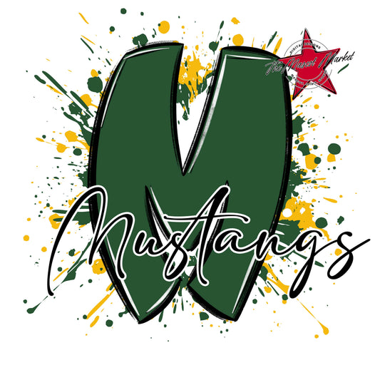 Mustangs Mascot Splatter-Green & Yellow
