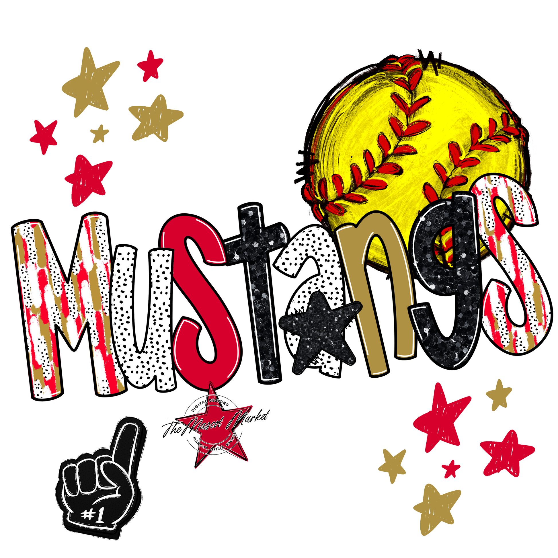 Mustangs Softball Scrape-Red-Gold