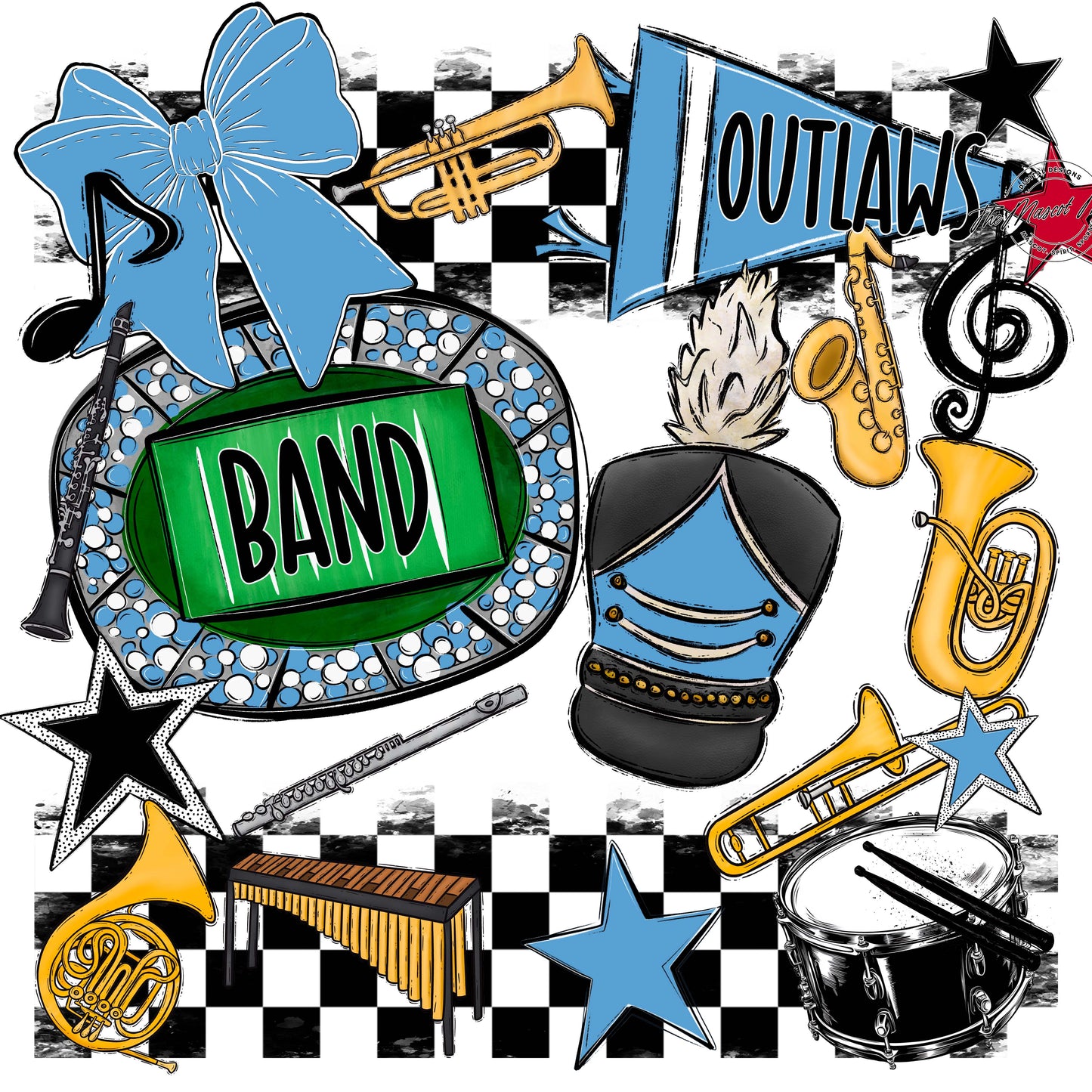 Outlaws Checkers Band Design-Carolina Blue