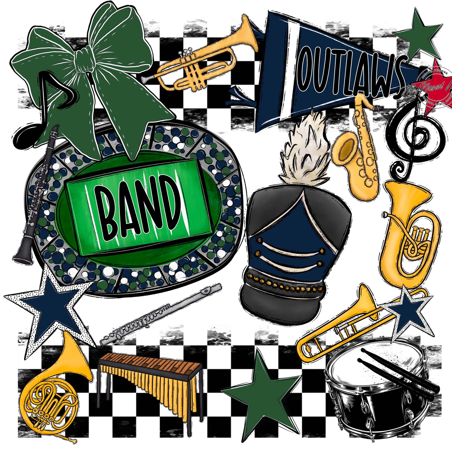 Outlaws Checkers Band Design-Navy & Green