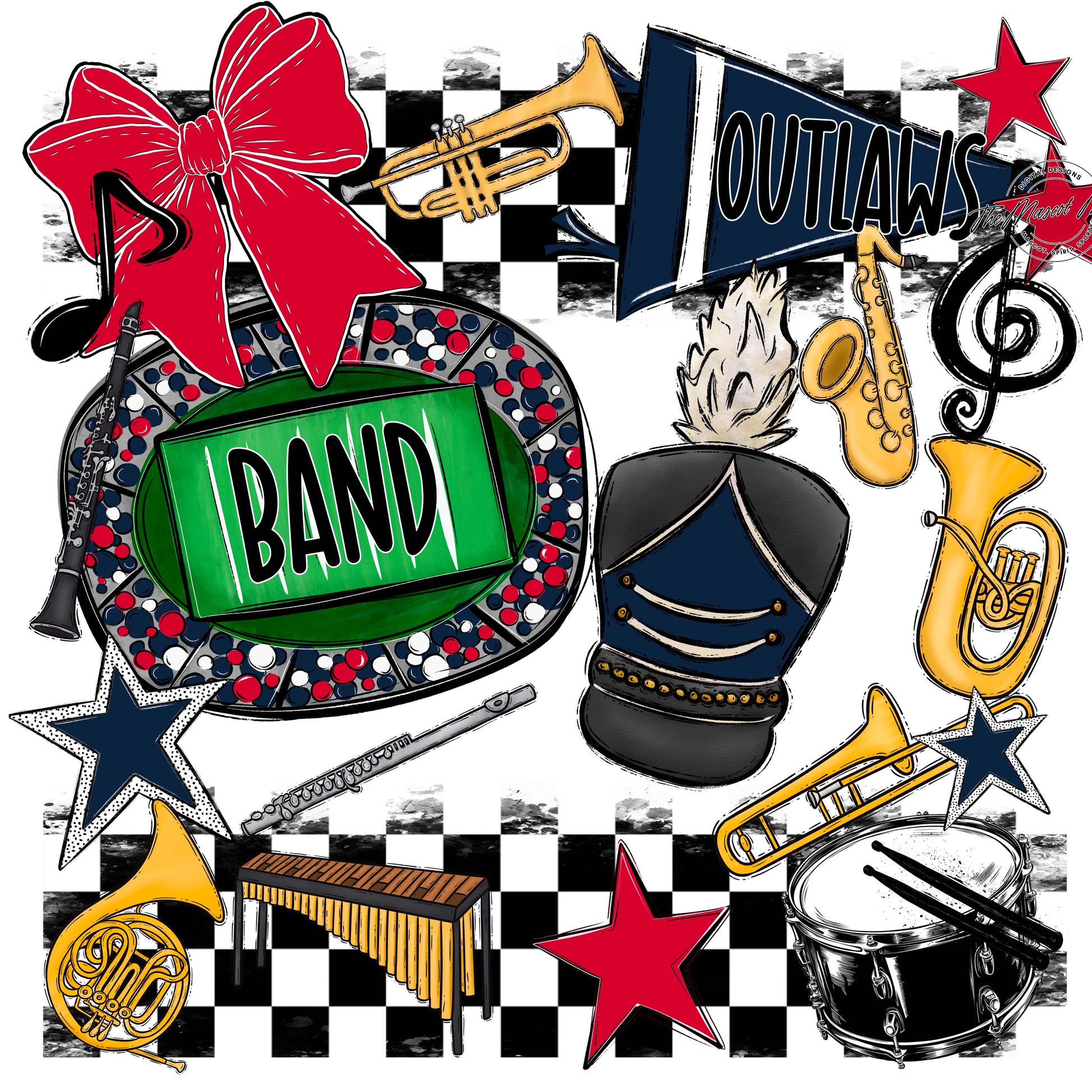 Outlaws Checkers Band Design-Navy & Red