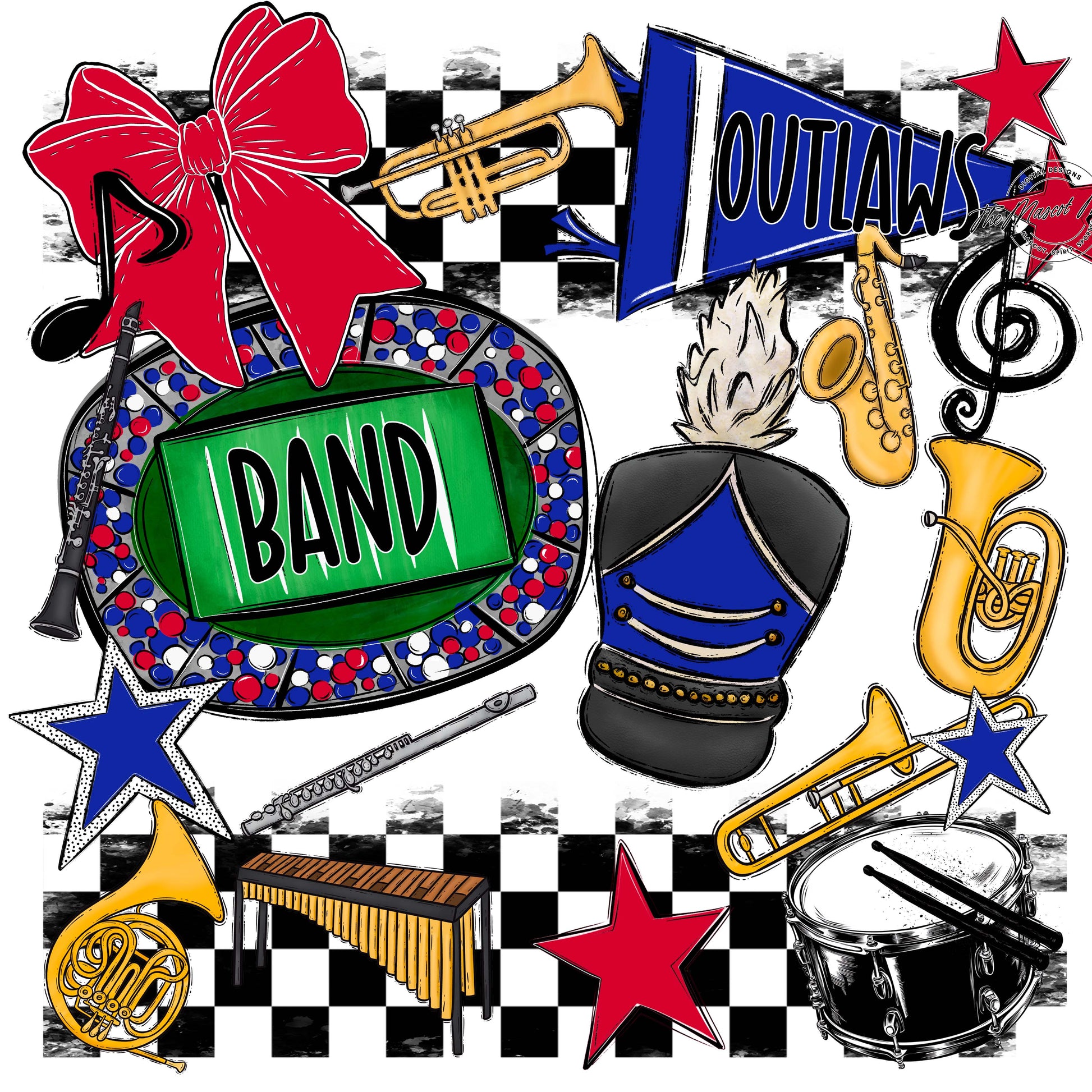 Outlaws Checkers Band Design-Royal Blue & Red
