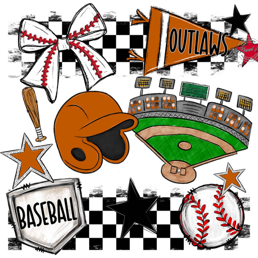 Outlaws Checkers Baseball Design-Burnt Orange