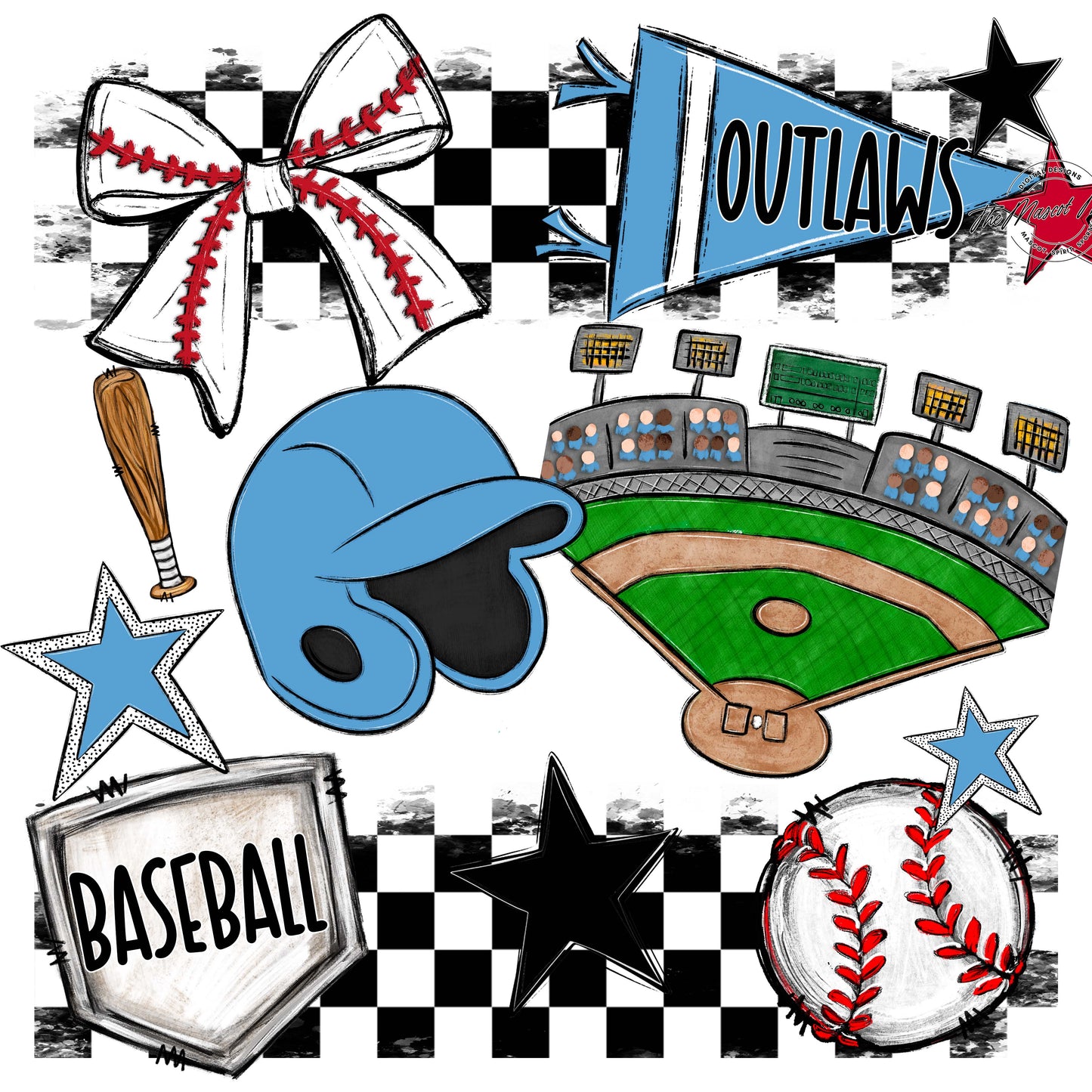 Outlaws Checkers Baseball Design-Carolina Blue