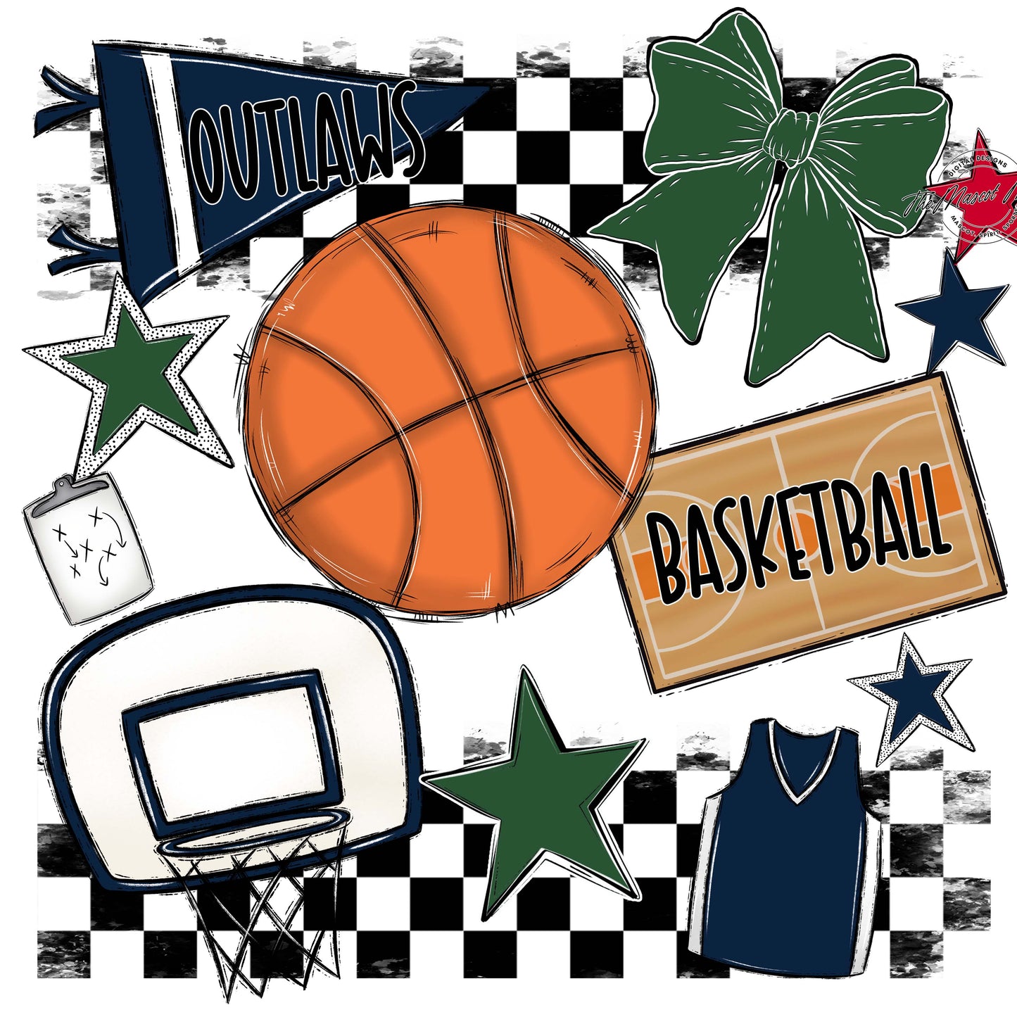 Outlaws Checkers Basketball Design-Navy & Green