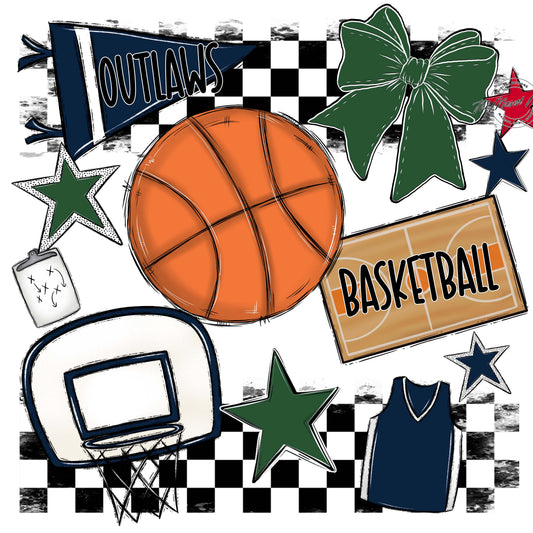 Outlaws Checkers Basketball Design-Navy & Green
