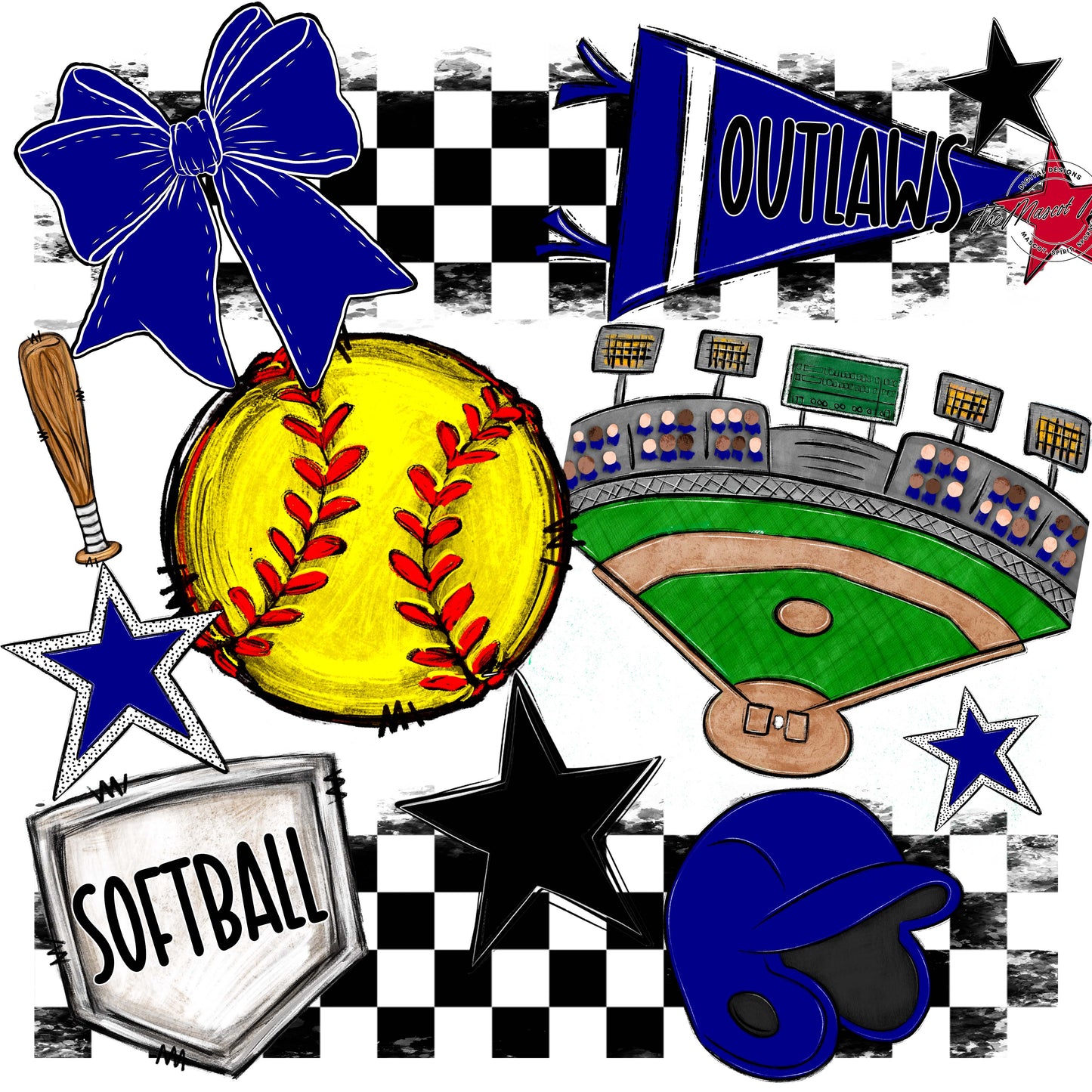 Outlaws Checkers Softball Design-Blue