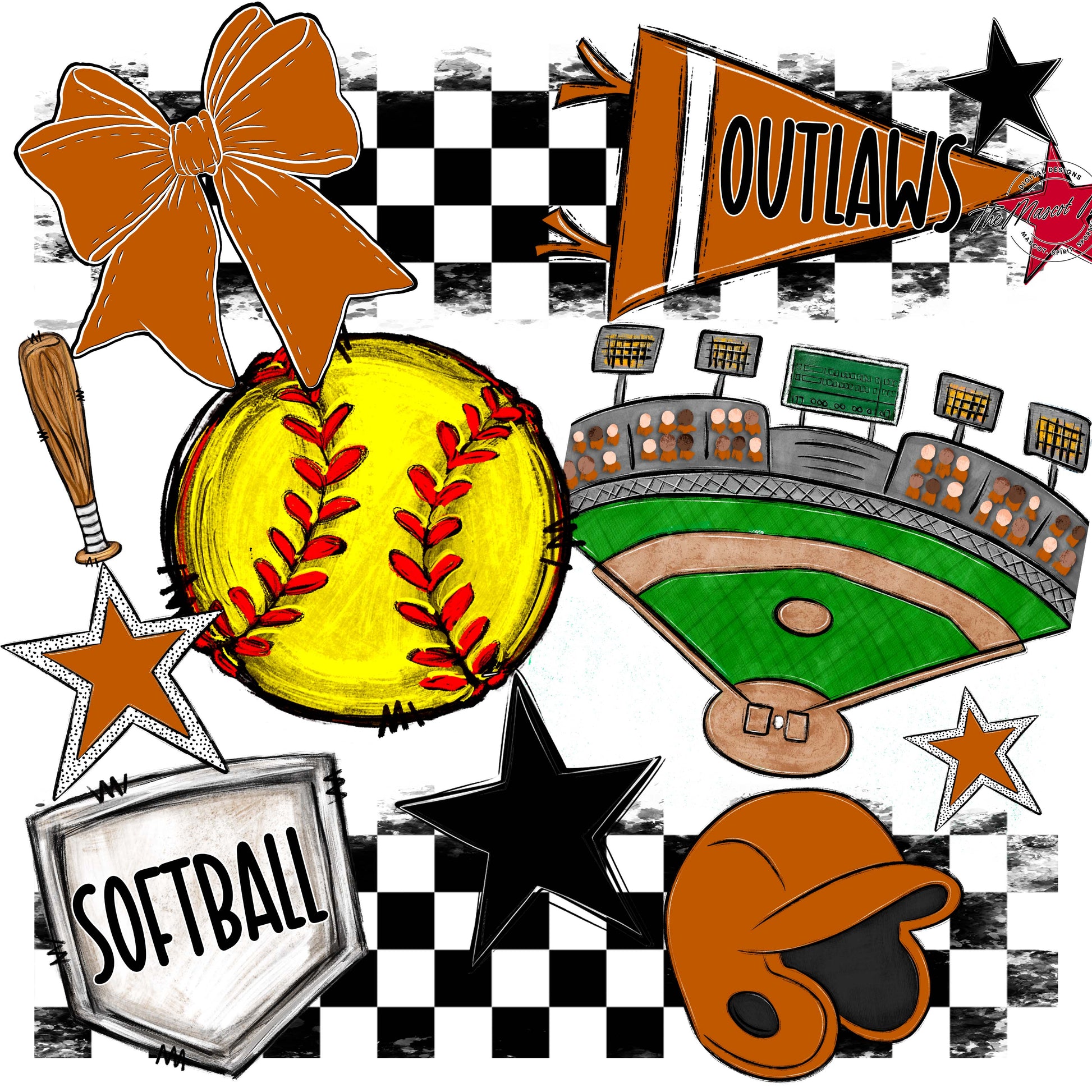 Outlaws Checkers Softball Design-Burnt Orange