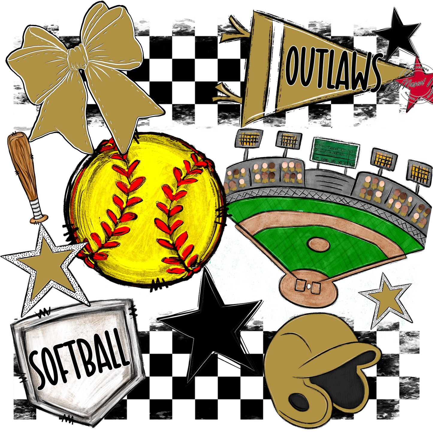 Outlaws Checkers Softball Design-Gold