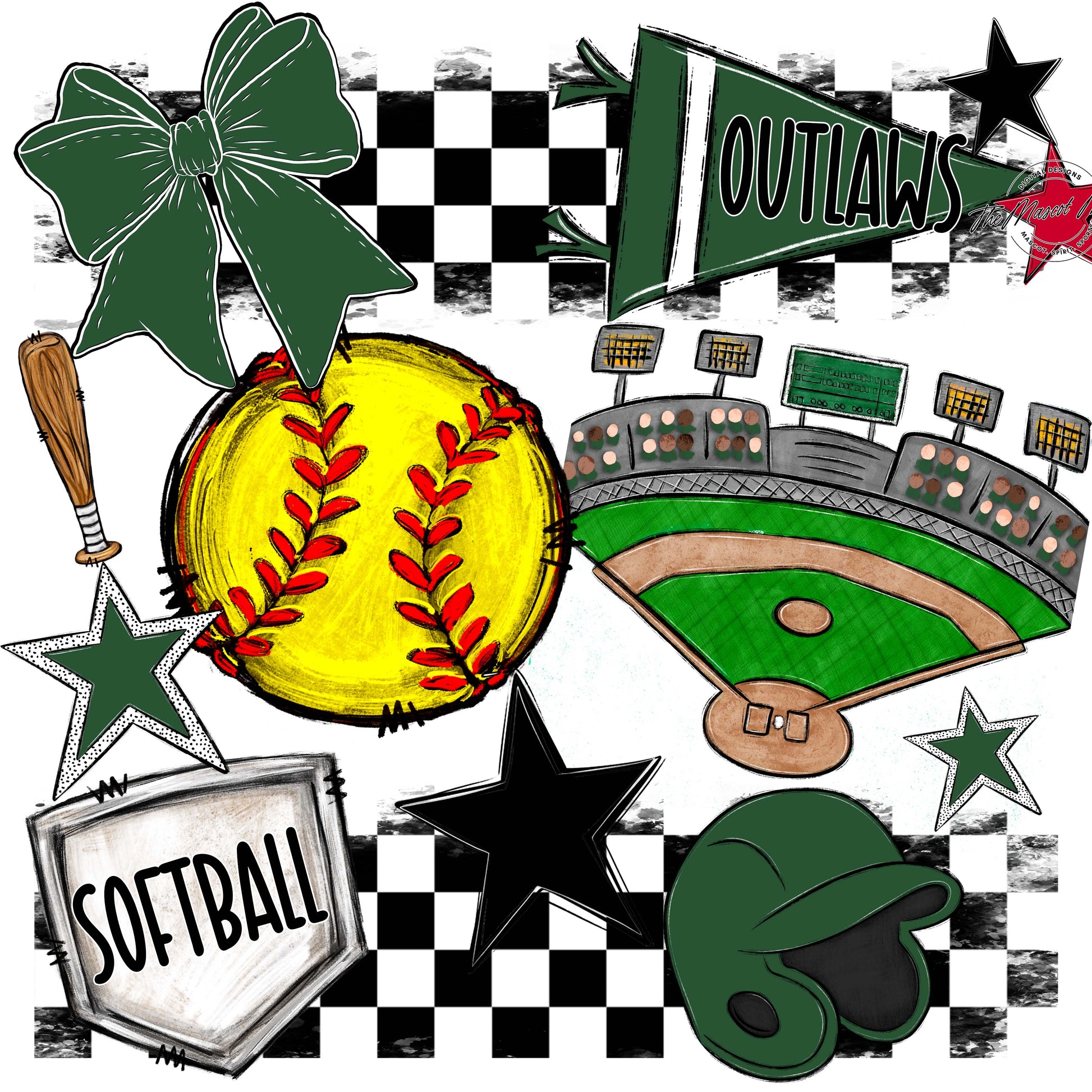 Outlaws Checkers Softball Design-Green