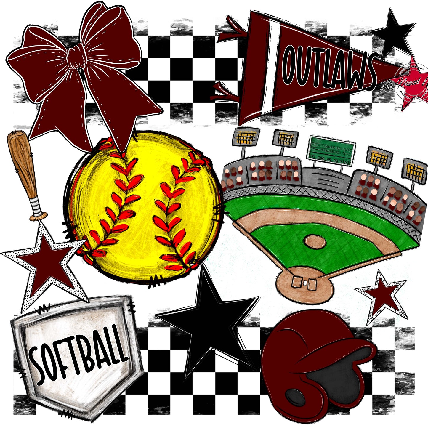 Outlaws Checkers Softball Design-Maroon
