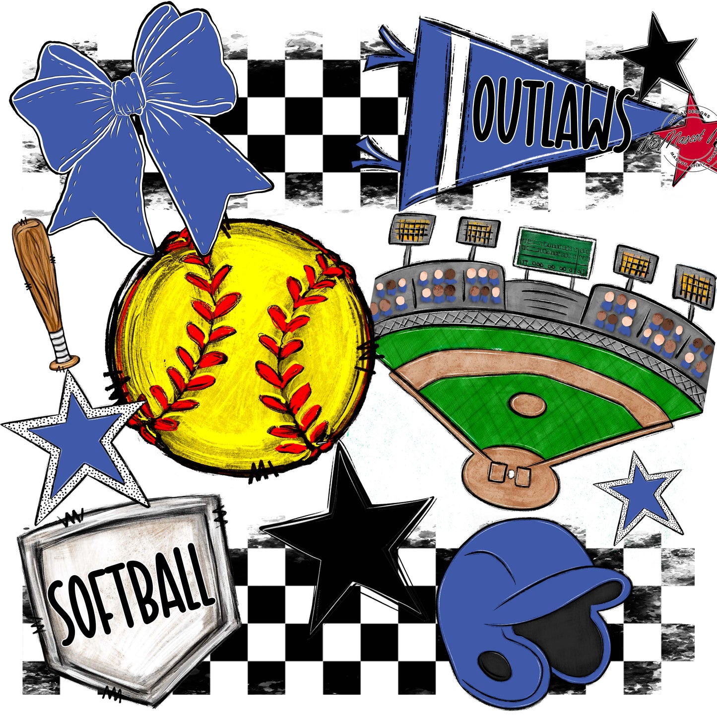 Outlaws Checkers Softball Design-Off Blue