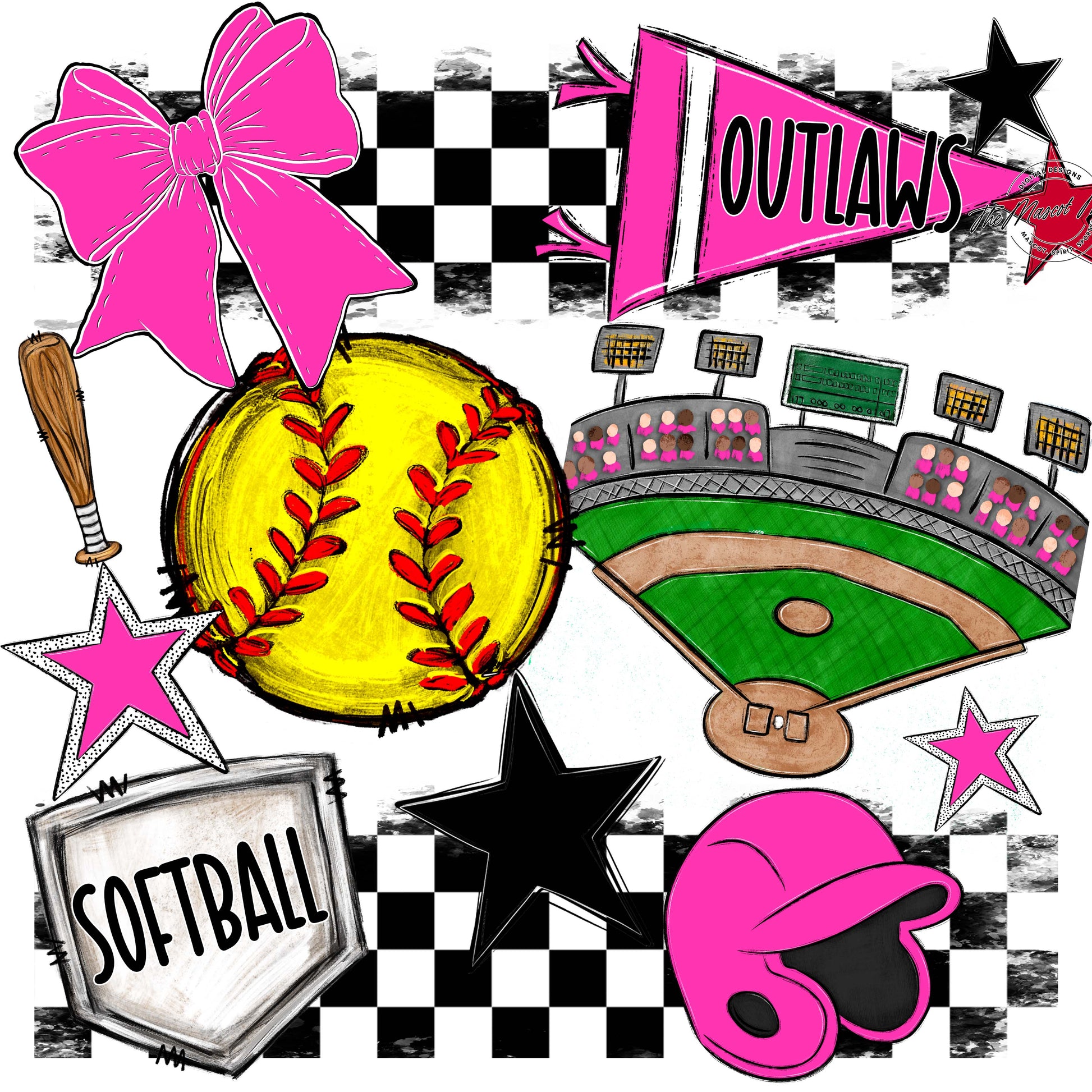 Outlaws Checkers Softball Design-Pink