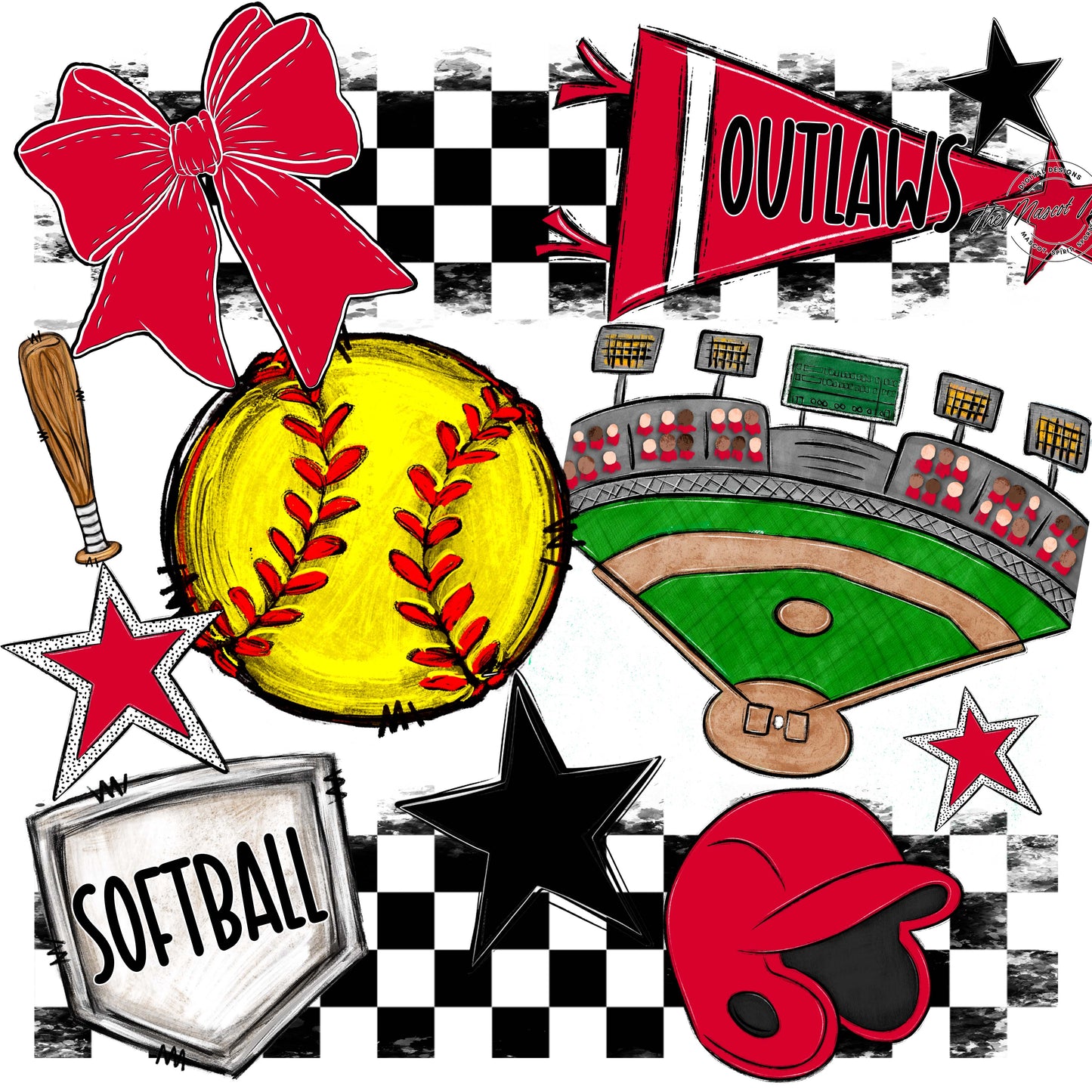 Outlaws Checkers Softball Design-Red
