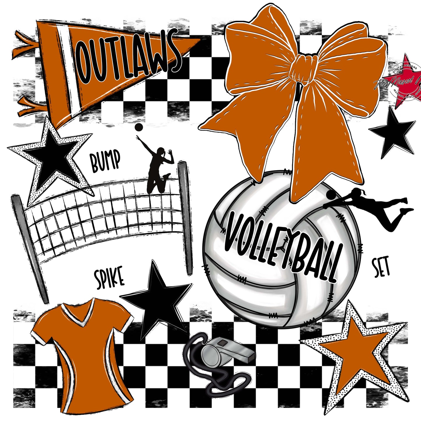 Outlaws Checkers Volleyball Design-Burnt Orange