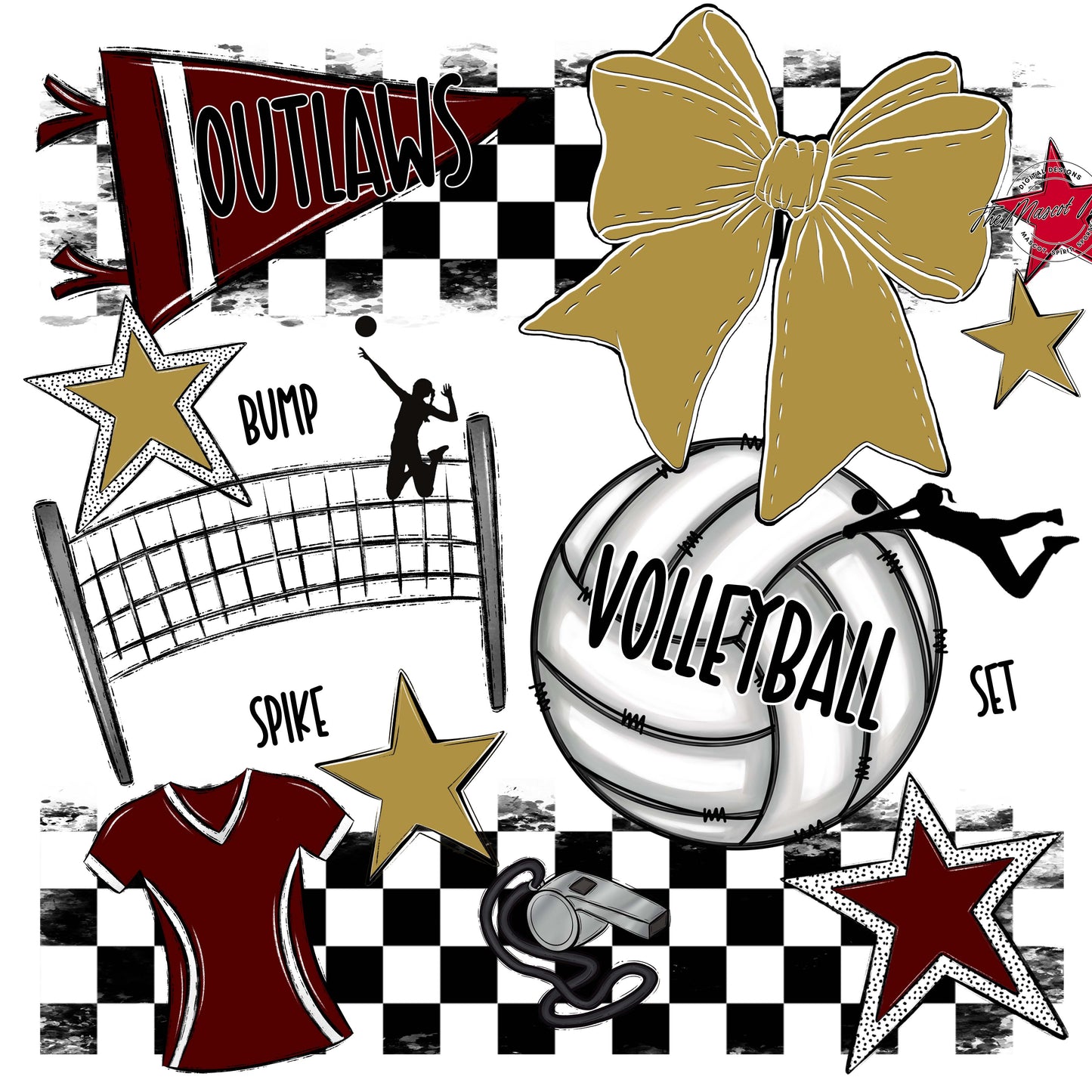 Outlaws Checkers Volleyball Design-Maroon & Gold