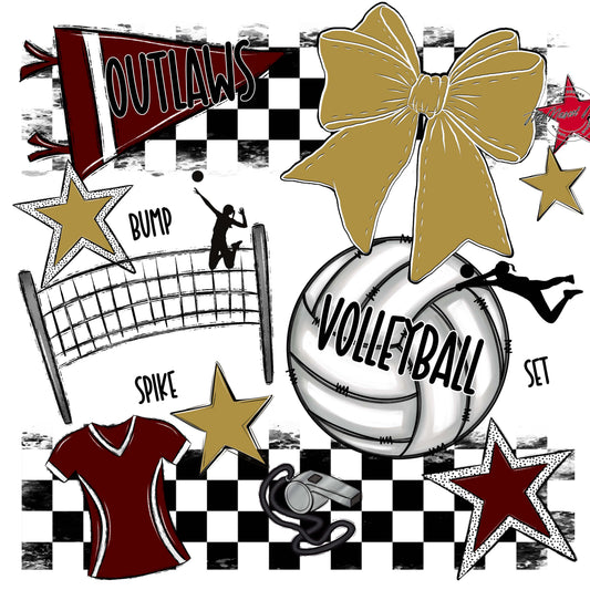Outlaws Checkers Volleyball Design-Maroon & Gold