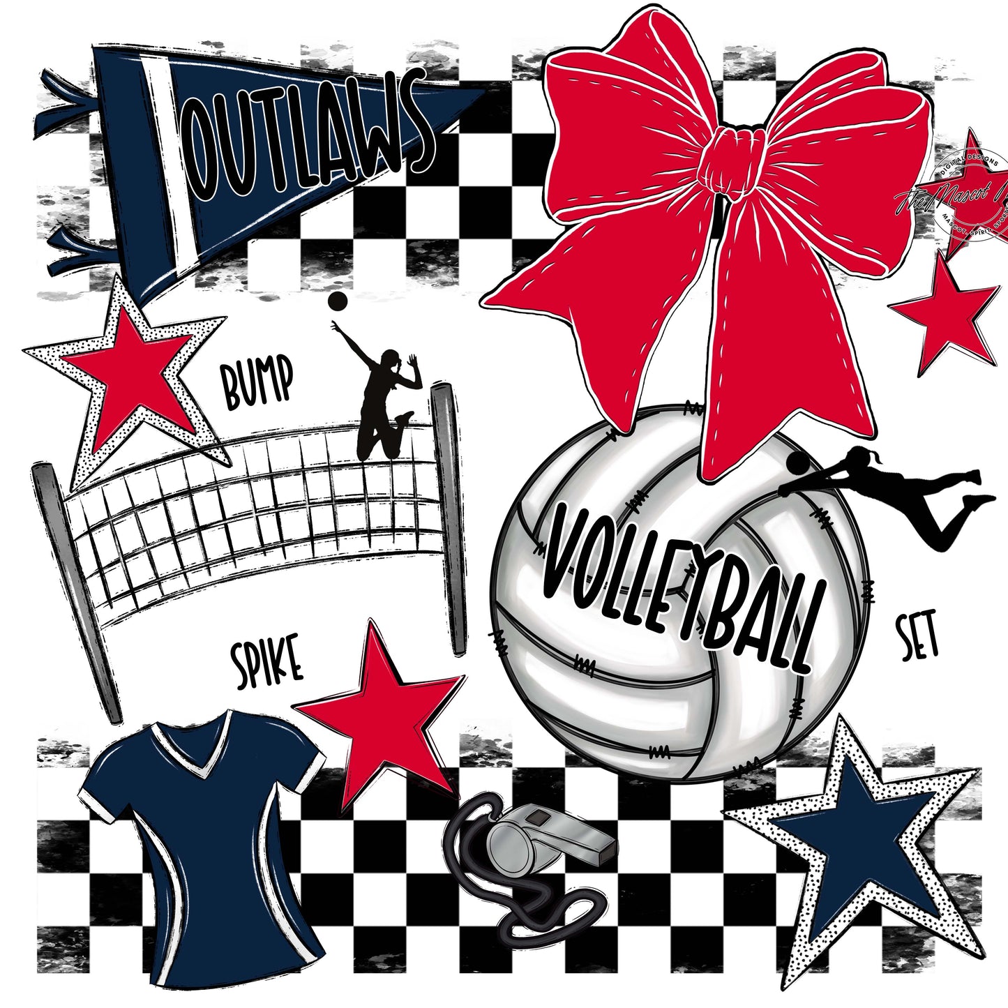 Outlaws Checkers Volleyball Design-Navy & Red