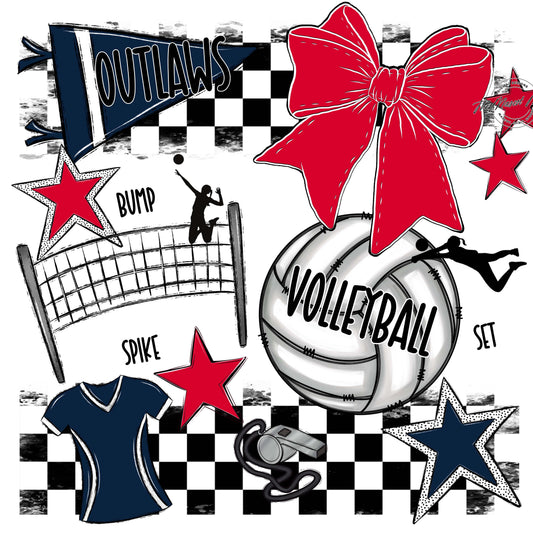 Outlaws Checkers Volleyball Design-Navy & Red
