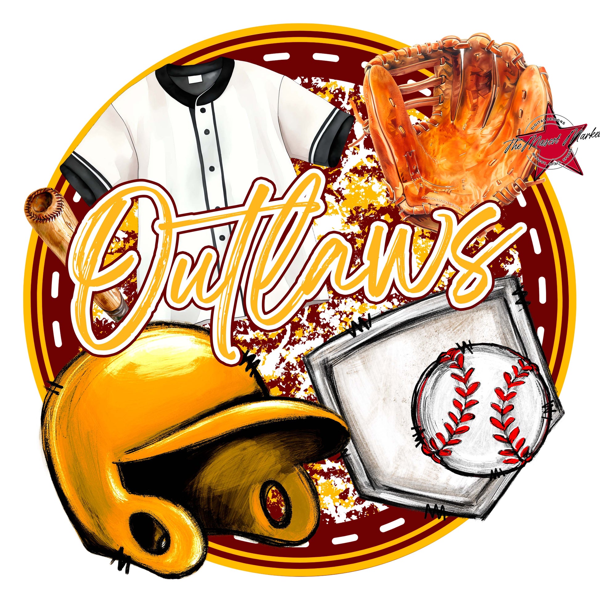 Outlaws Circle Baseball Frame-Maroon & Yellow
