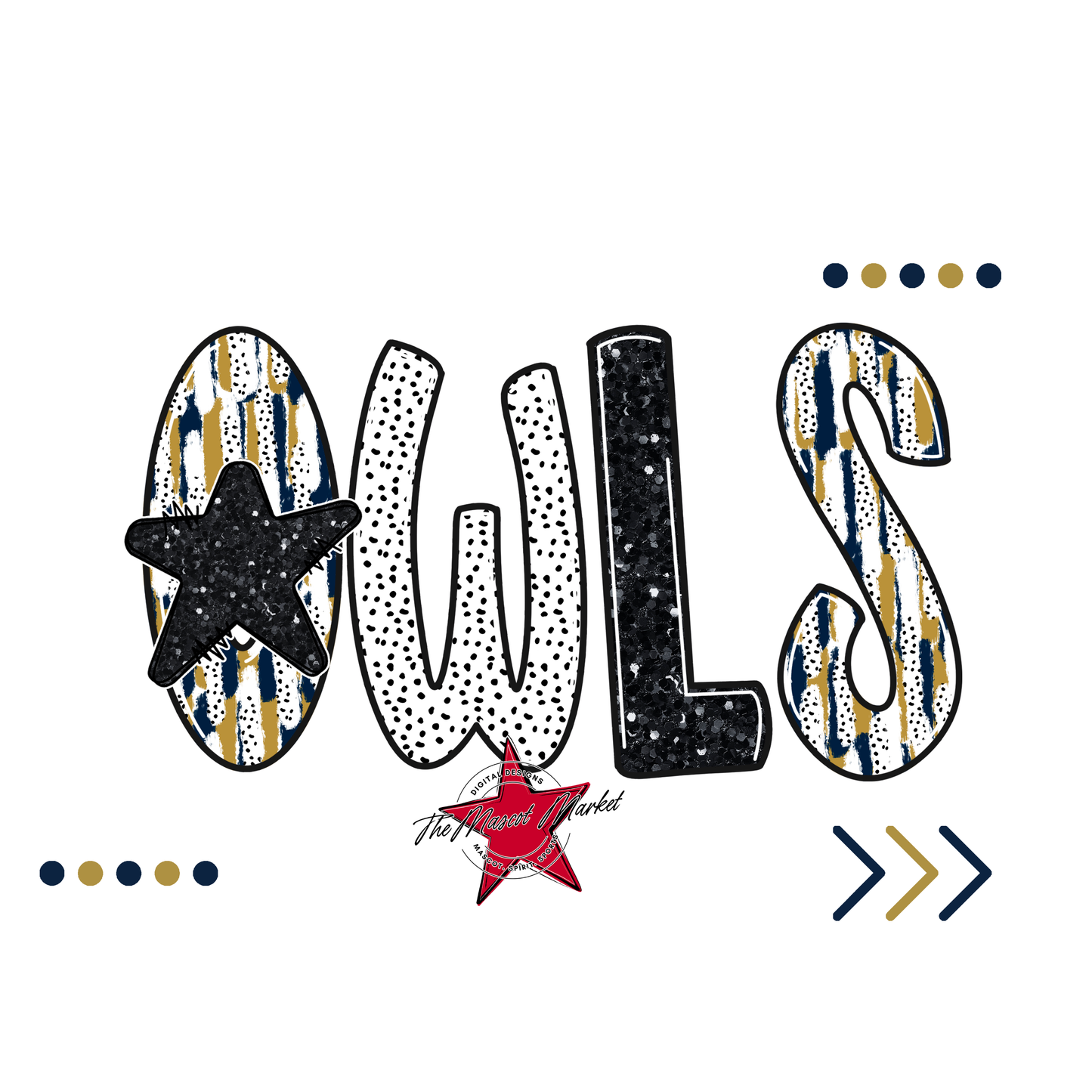 Owls Brushstroke Alpha w Arrows-Navy-Gold