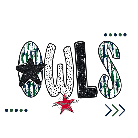 Owls Brushstroke Alpha w Arrows-Navy-Green