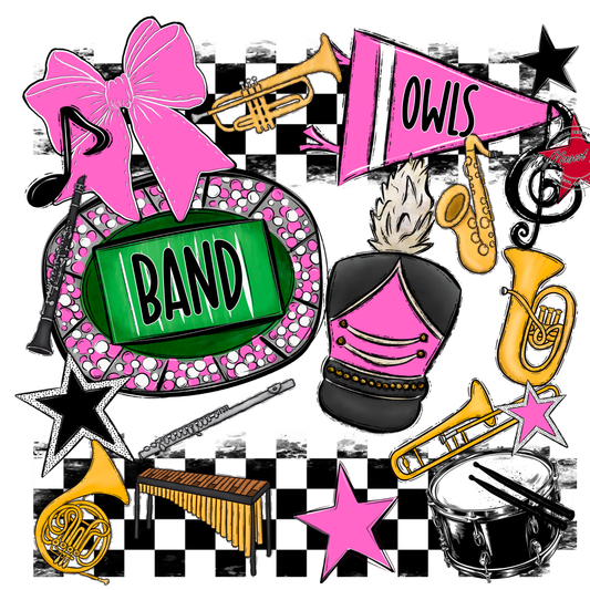 Owls Checkers Band Spirit Design-Baby Pink