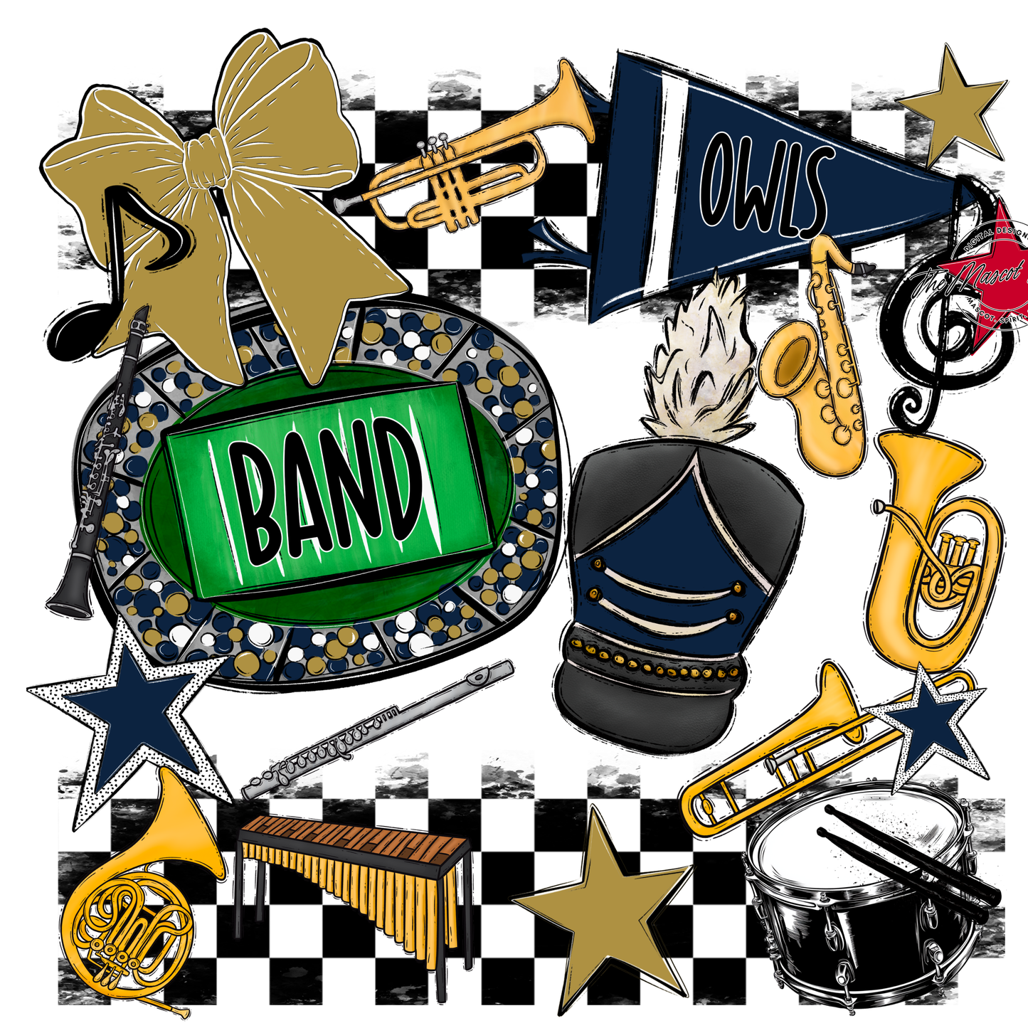 Owls Checkers Band Spirit Design-Navy-Gold