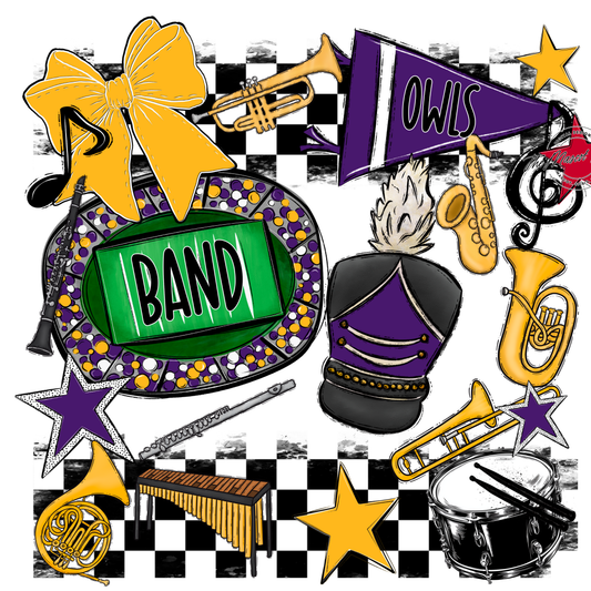 Owls Checkers Band Spirit Design-Purple-Yellow