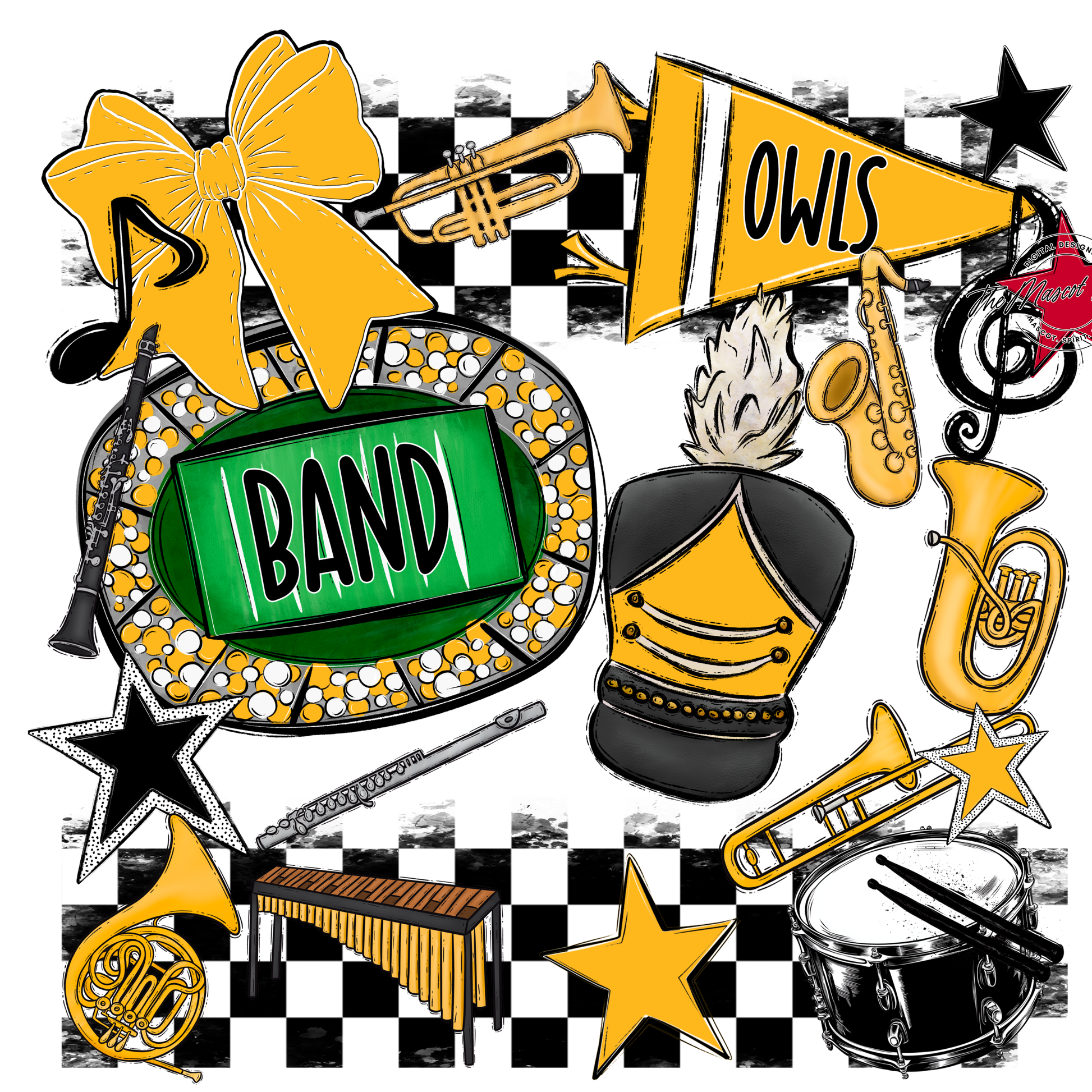 Owls Checkers Band Spirit Design-Yellow