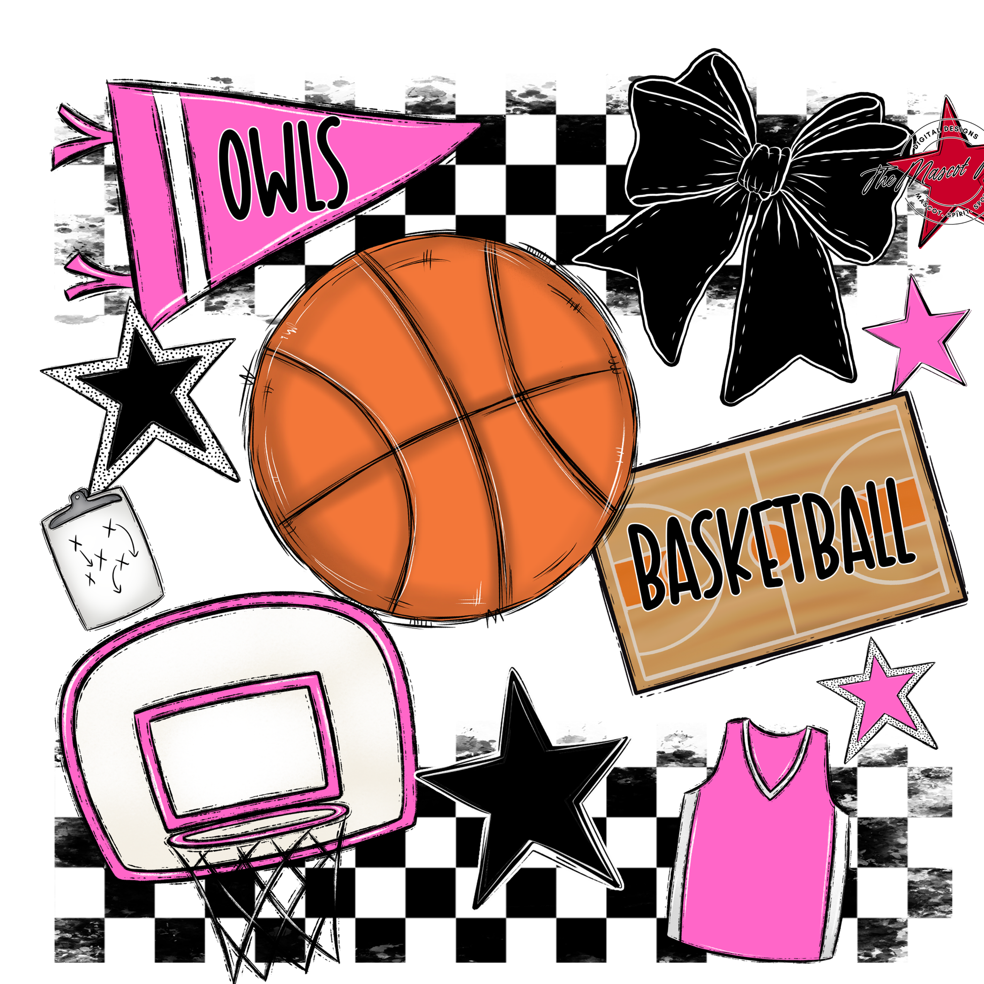 Owls Checkers Basketball Spirit Design-Baby Pink