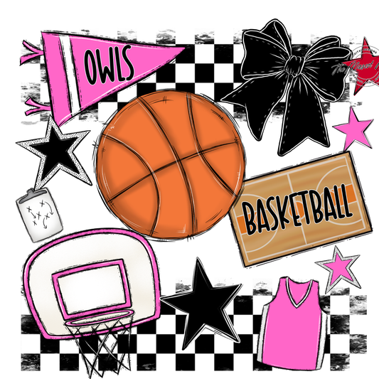 Owls Checkers Basketball Spirit Design-Baby Pink