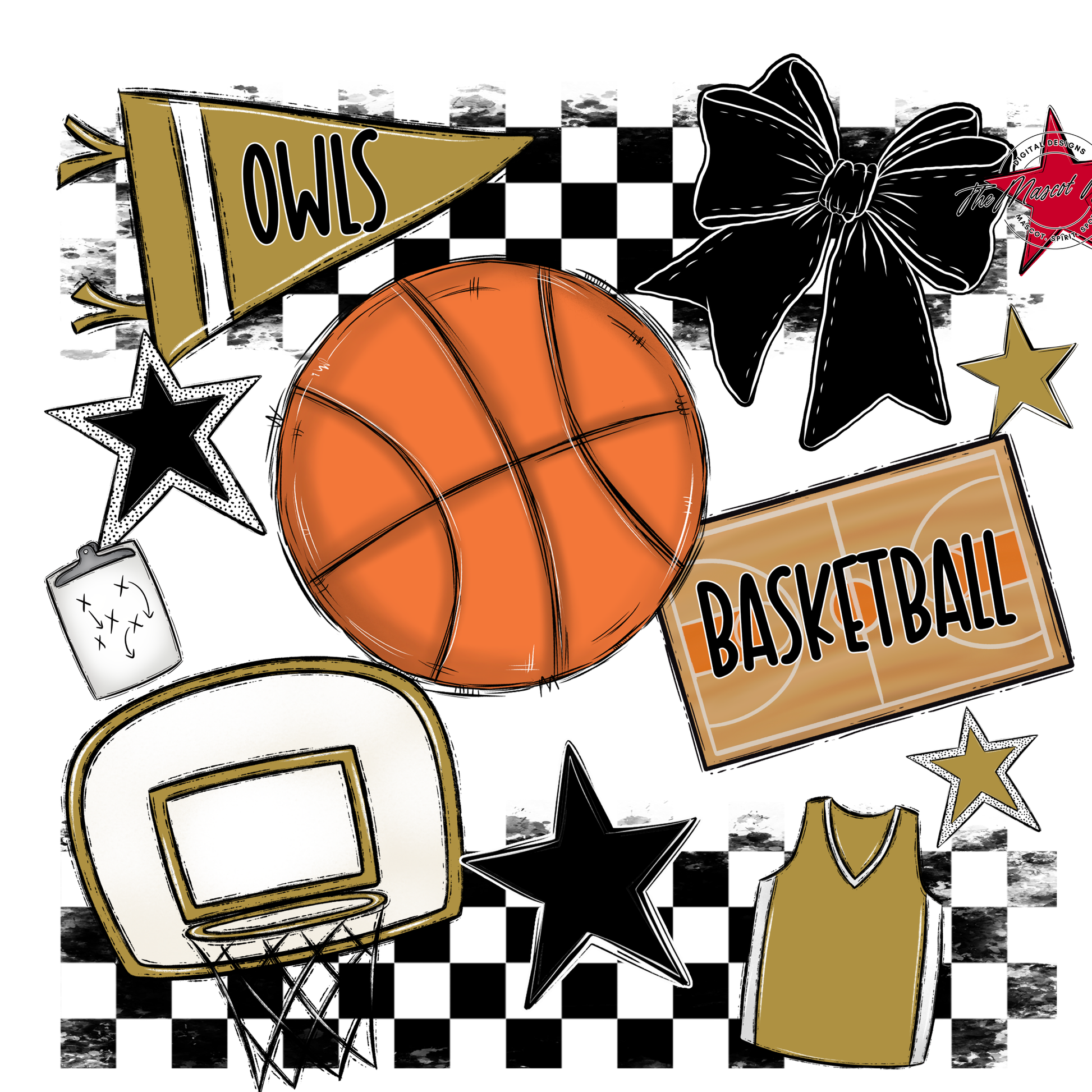 Owls Checkers Basketball Spirit Design-Gold