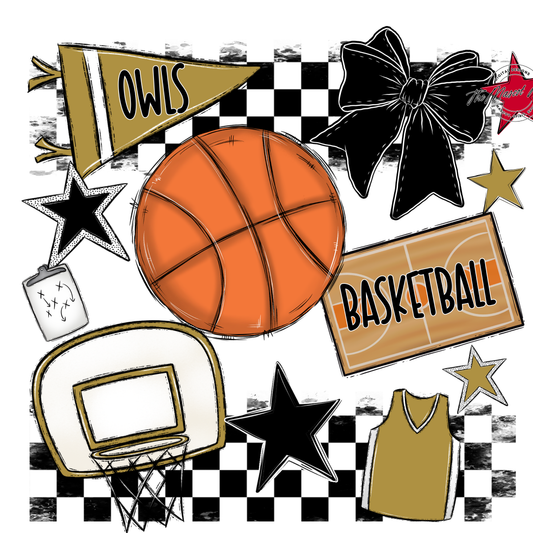 Owls Checkers Basketball Spirit Design-Gold