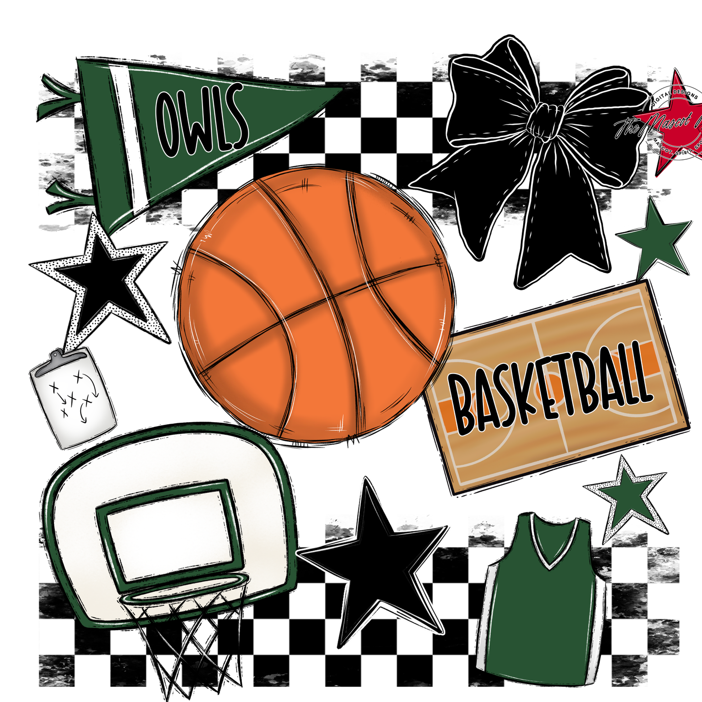 Owls Checkers Basketball Spirit Design-Green