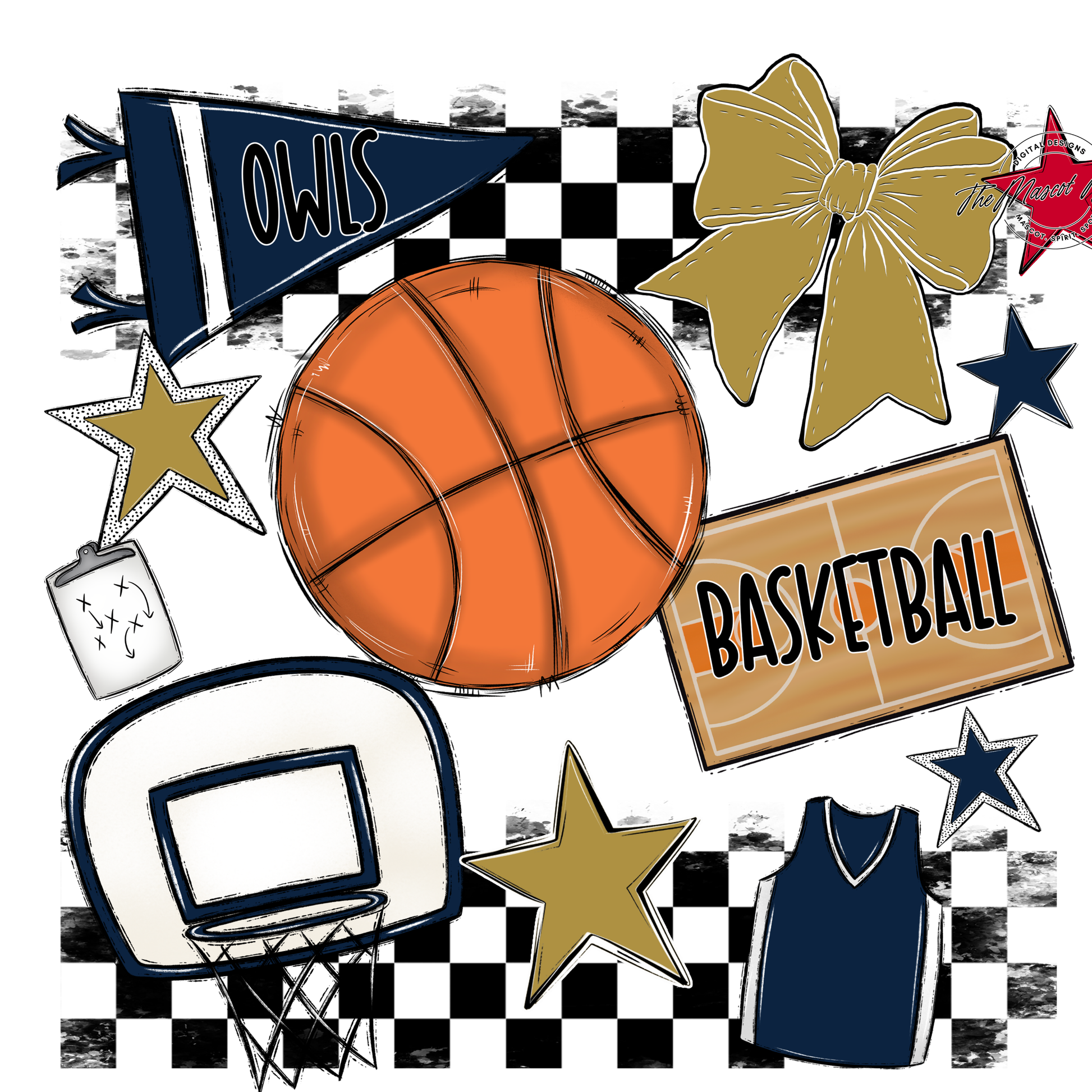 Owls Checkers Basketball Spirit Design-Navy-Gold