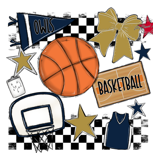 Owls Checkers Basketball Spirit Design-Navy-Gold