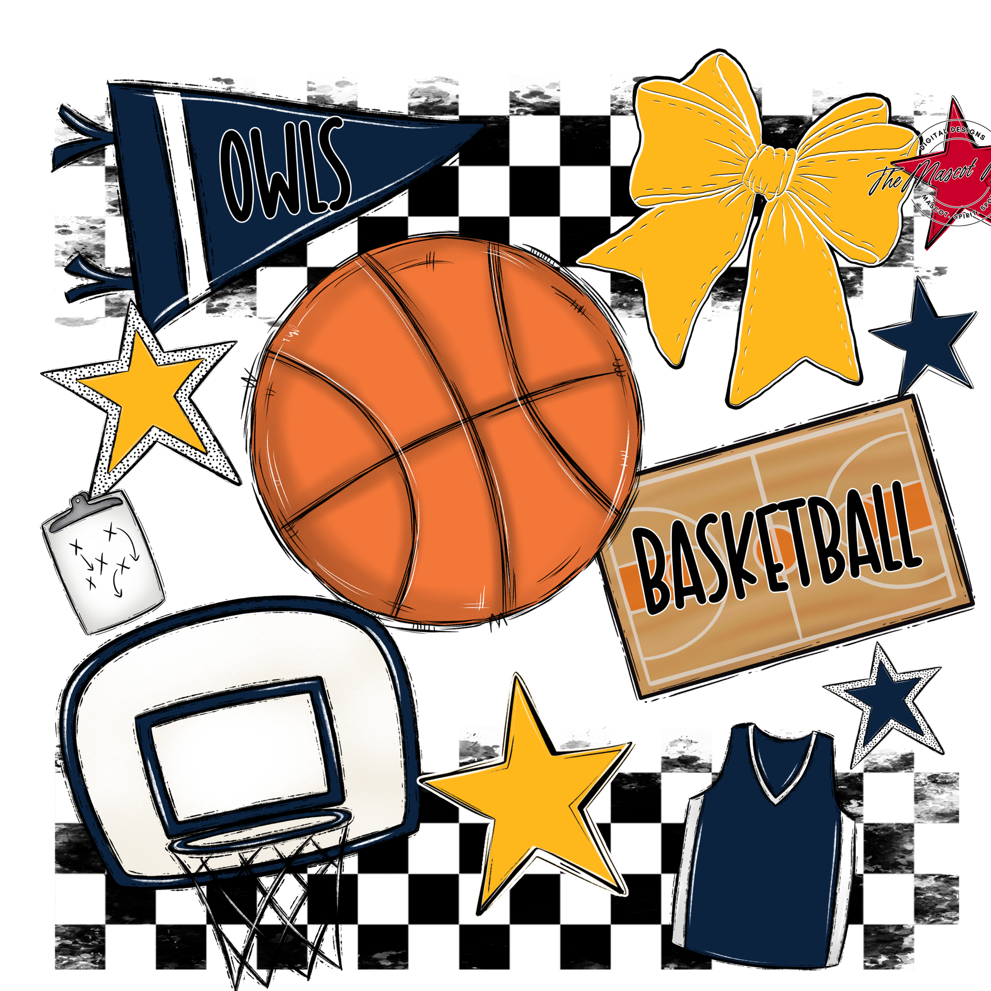 Owls Checkers Basketball Spirit Design-Navy-Yellow