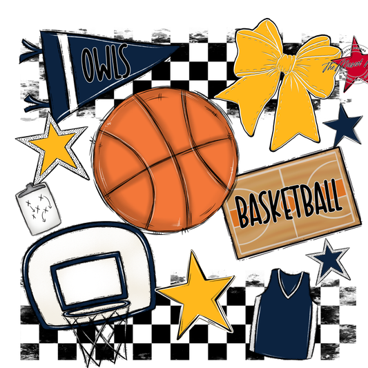 Owls Checkers Basketball Spirit Design-Navy-Yellow